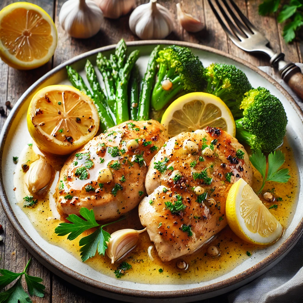 Chicken breasts with lemon, garlic and butter sauce